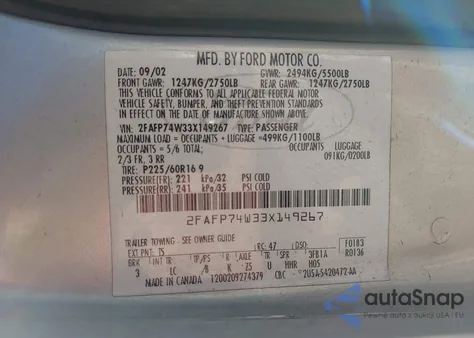 2003 Ford Crown Victoria Lx from USA, damaged, VIN 2FAFP74W33X149267